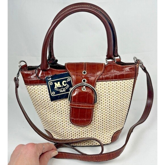 NWT MC Marc Chantal Shoulder Bag Brown Leather Trim Woven Straw Nickel Hardware - Picture 3 of 16